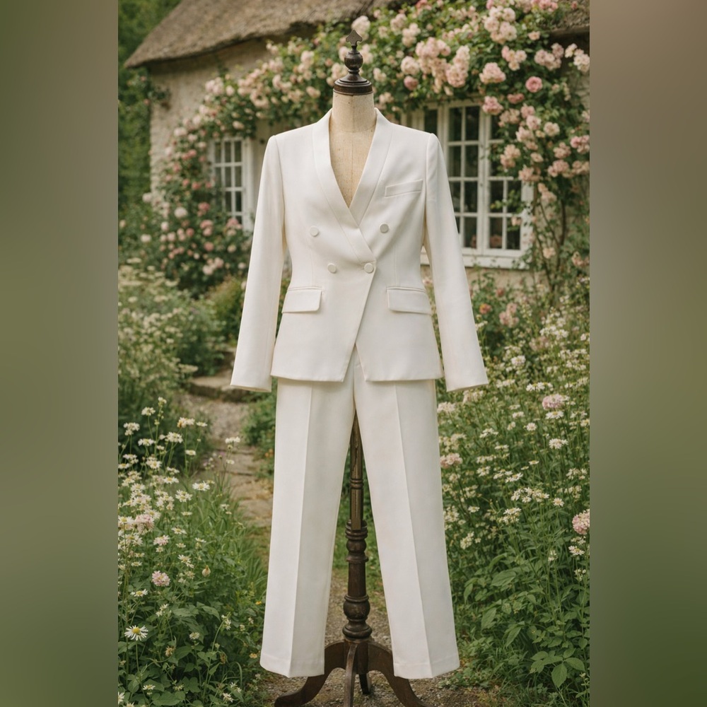 Judith & Charles Elegant White Designer Suit, Blazer & Pant, Satin detail Set